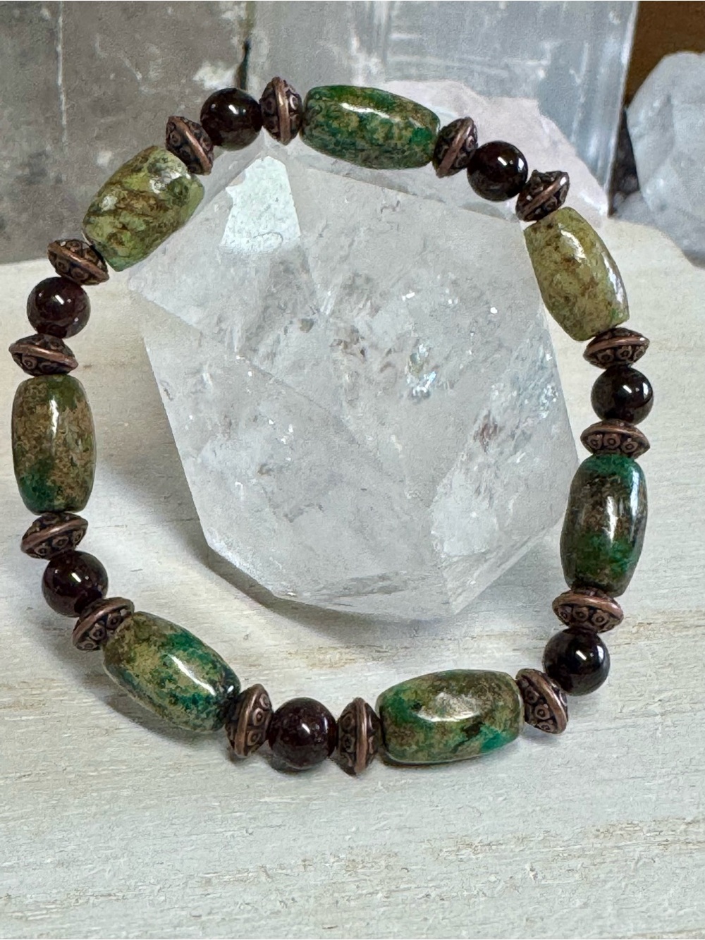 African Turquoise Jasper & Garnet Gemstone Stretch Bracelet - 6.75”